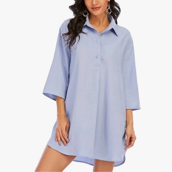 NEW!! Light Blue Loose Fit Shirt Dress with Pockets - Size M NWOT - Picture 3 of 4